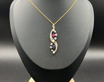 Antique 18ct Gold & Platinum, Victorian Diamond, Sapphire, Ruby and Pearl Figure Eight Pendant Necklace