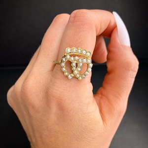 Antique 15ct Gold, Double Sweetheart Crown Seed Pearl Ring