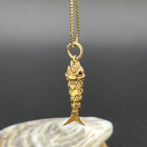 May include: A gold fish pendant suspended from a matching gold box chain. The fish features a textured, scale-like body and a small, dark red gemstone set as an eye. The pendant is attached to the chain by a simple circular gold jump ring.