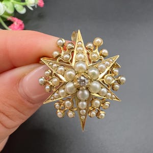 Colgante/broche antiguo de oro amarillo de 15 quilates con diamantes y perlas de semilla de estilo eduardiano