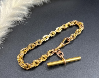 Antique 9ct Yellow Gold Stamped, Victorian Fancy Link Albert Bracelet with Swivel Clasp & Tbar