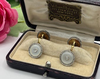 Antyczne spinki do mankietów w stylu art déco z masy perłowej i diamentów, złoto 14-karatowe