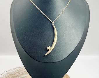 Pendentif édouardien croissant de lune et étoile en or 15 carats, perles édouardiennes, bijoux célestes