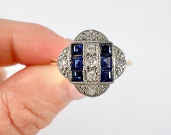 Antyczny 18-karatowy złoty pierścionek z platyną, oryginalny pierścionek z szafirem z lat 20. XX wieku w stylu Art Deco