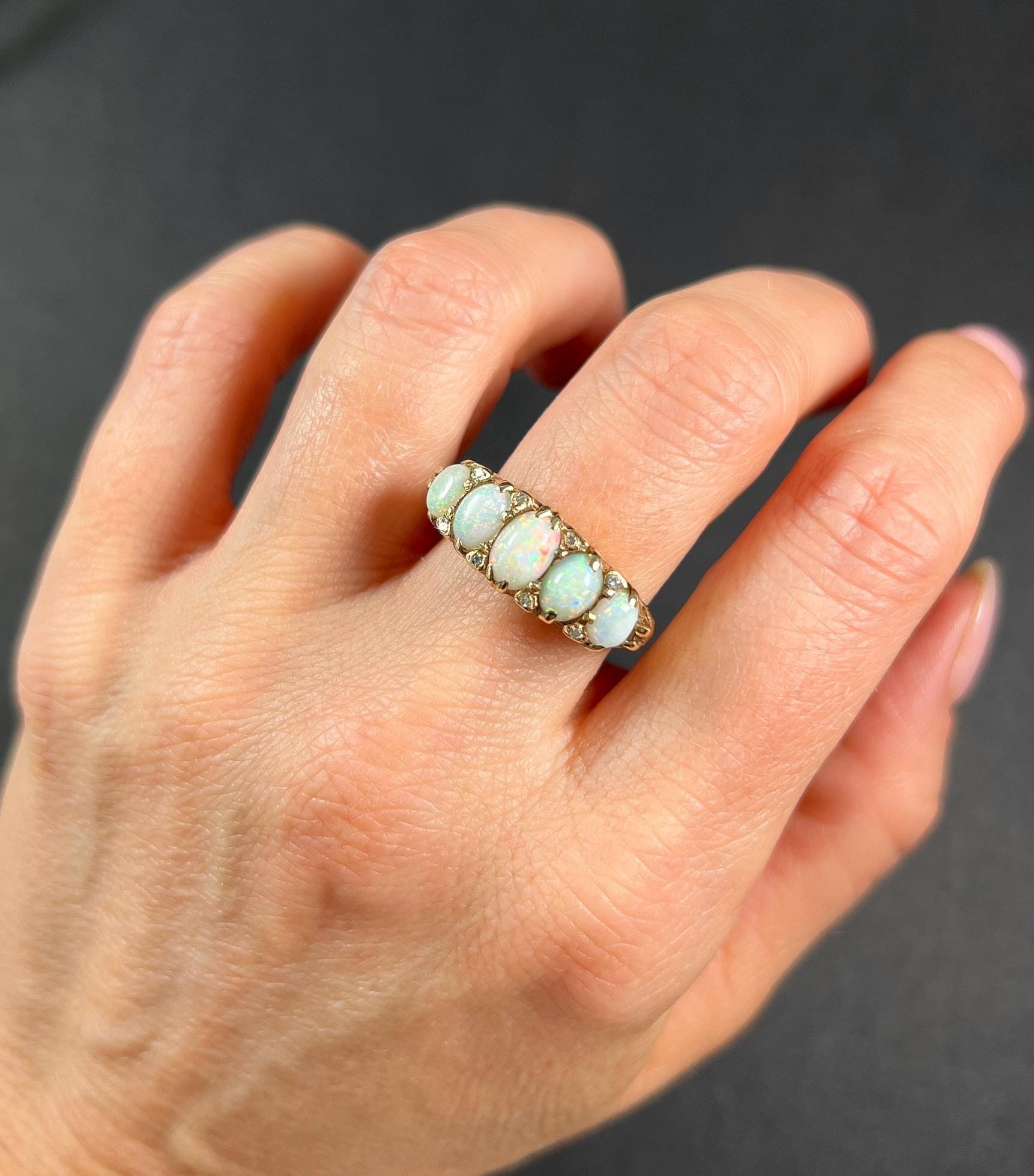 Antique 18ct Yellow Gold, Victorian Carved Opal & Diamond Five