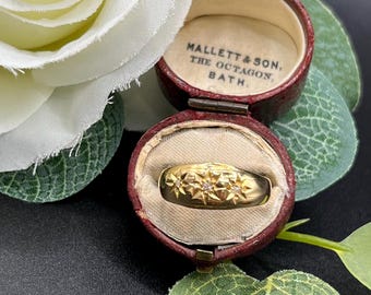 Antique 18ct Yellow Gold, Star Set Diamond Three Stone Gypsy Band Ring, Circa 1900