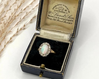 Antique 14ct Yellow Gold Stamped, Edwardian Opal & Diamond Oval Shaped Cluster Ring