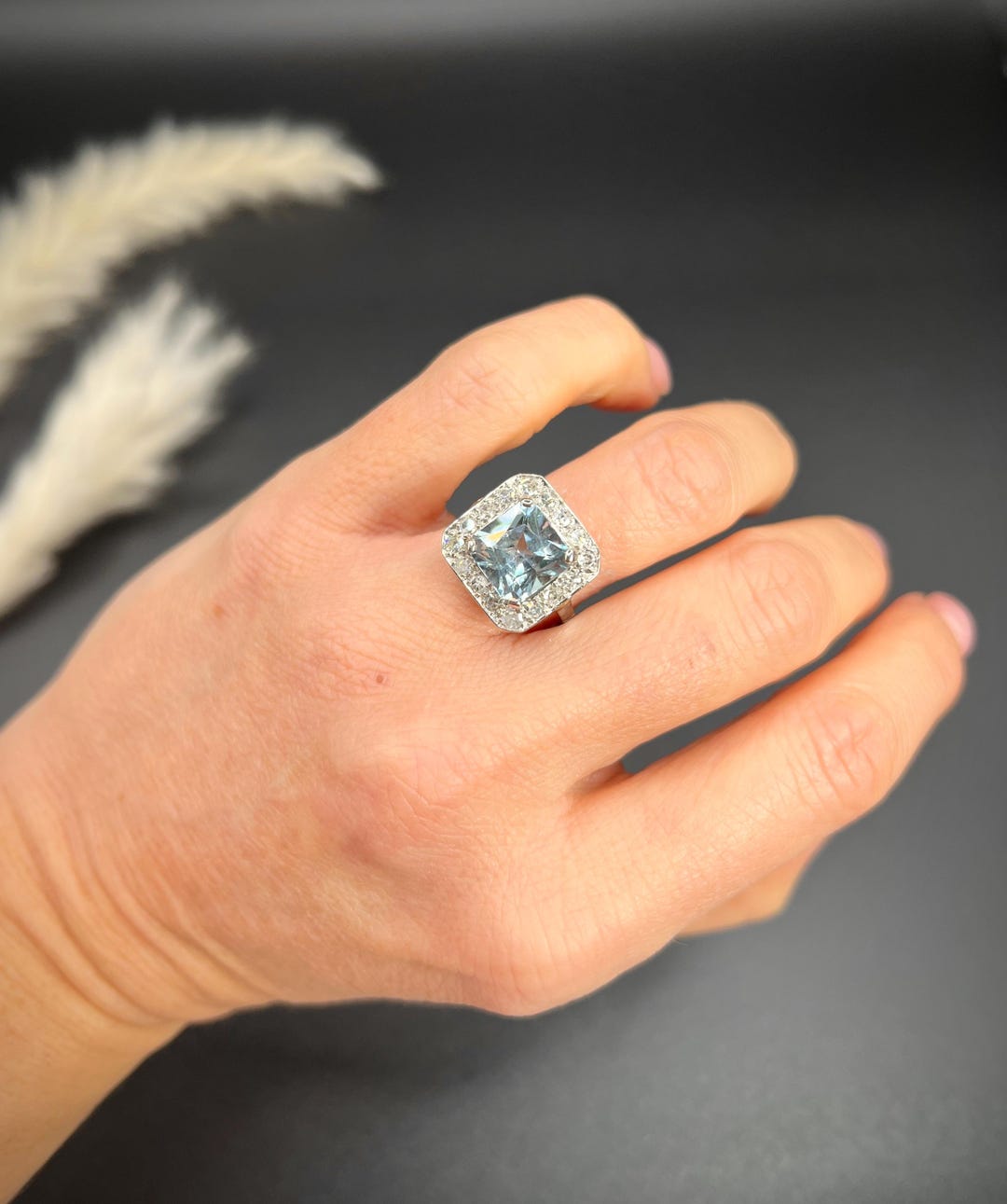 Oro Bianco Anello Antico Acquamarina Anello Solitario 3,25 Carati