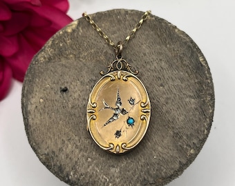 Antique 9ct Gold Back & Front Stamped, Edwardian Paste Swallow Turquoise Oval Locket