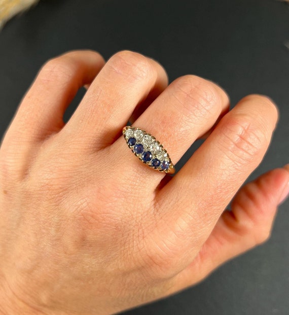 Antique 18ct Gold Stamped, Victorian Sapphire Diamond Boat Shaped Ring