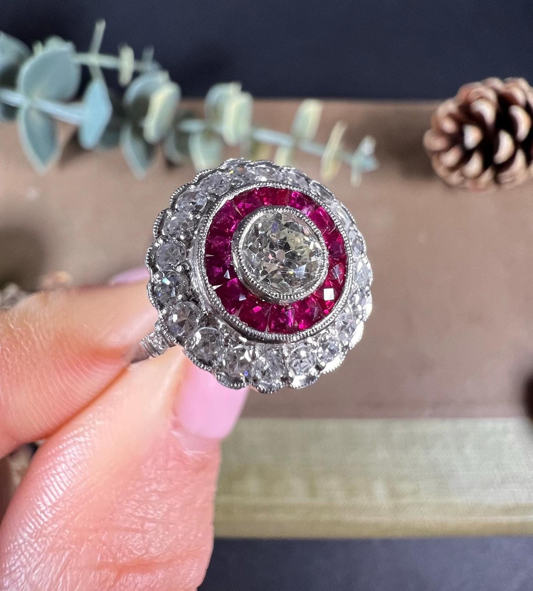 Vintage 18ct White Gold, 1980s Triple Row, Ruby & Diamond Target Ring ...