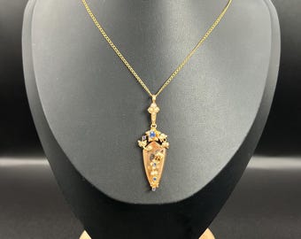 Antique 15ct Rose Gold Edwardian Shield Shaped Sapphire & Pearl Pendant