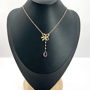 Antique Edwardian 9ct Rose Gold Amethyst Bow Pendant Necklace