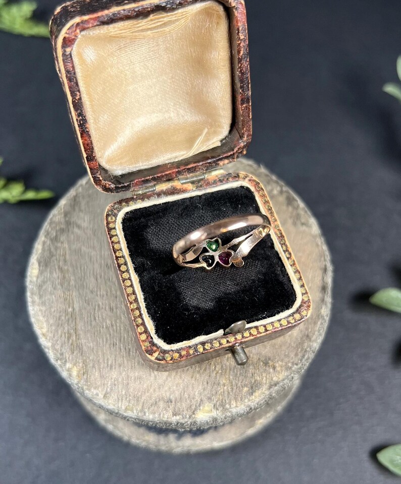 Antique 14ct Gold, 1920s Sapphire, Ruby & Emerald Three Leaf Clover Ring image 9