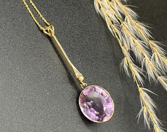 Pendentif ancien en or 9 carats, améthyste édouardienne, perle et diamants roses vers 1910