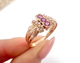 Antique 18ct Rose Gold French Stamped, Edwardian era Ruby & Pearl Ring with Feather Shoulders
