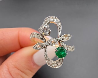Antique 18ct Gold & Platinum, Emerald and Diamond Belle Époque Ring