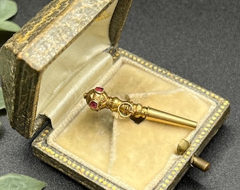 Antique 18ct Gold Pocket Watch Key Pendant: Victorian Ruby Set Engraved Fob