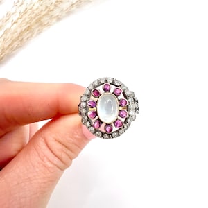 Antique 18ct Gold & Silver, Early Victorian Moonstone, Ruby and Diamond Ring