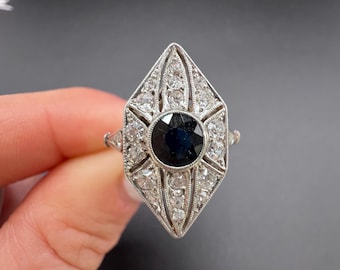 Antique Platinum, Edwardian Sapphire and Diamond Marquise Ring