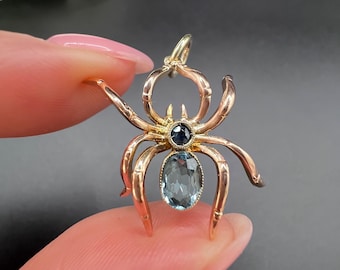 Antique 9ct Rose Gold, 1920s Aquamarine & Sapphire Spider Pendant