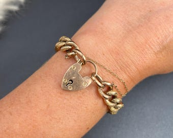 Antique 9ct Rose Gold Curb Bracelet: Edwardian Floral Heart Padlock