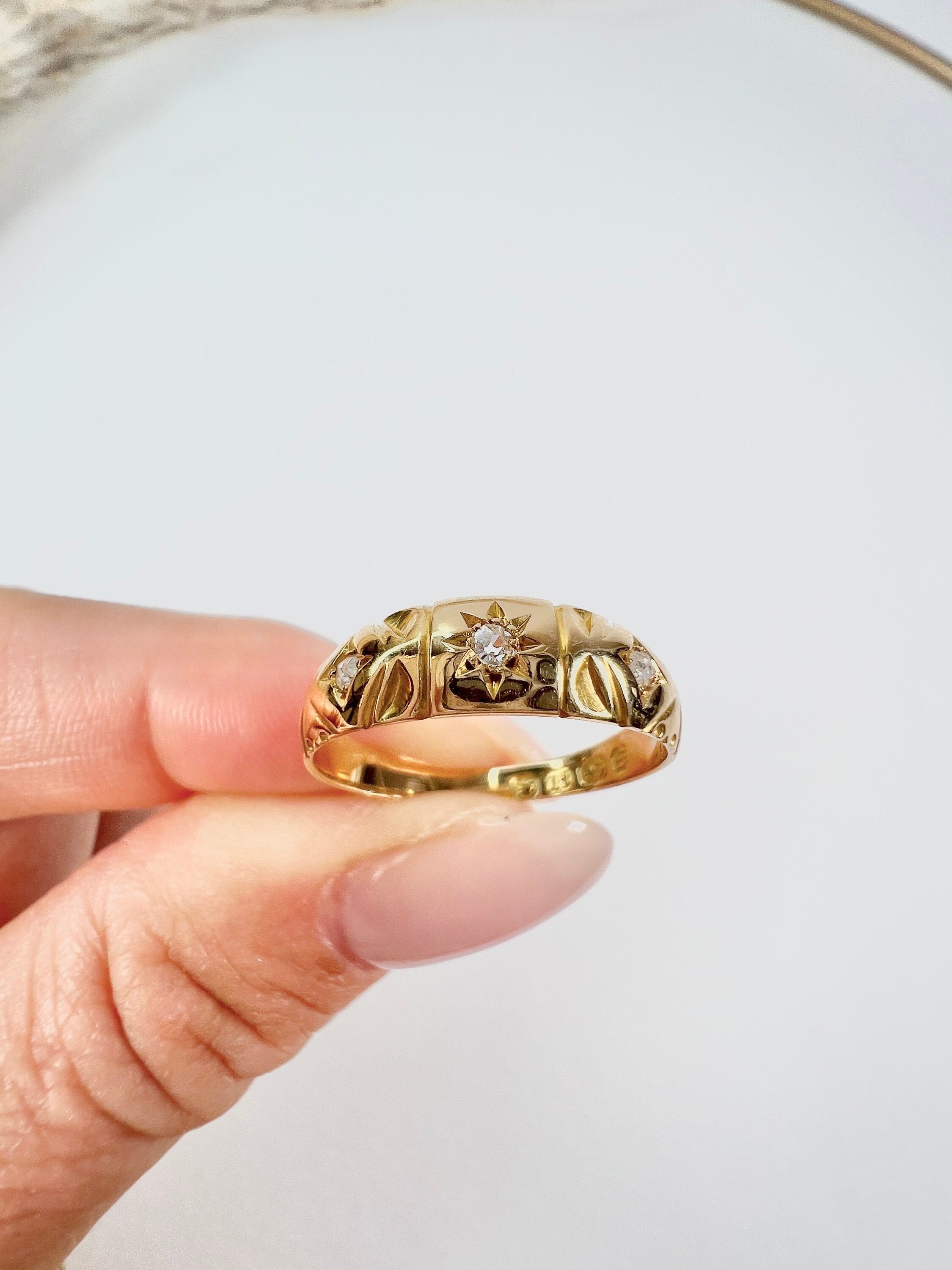 Antique 18ct Gold, Victorian Stone Diamond Gypsy Band Ring