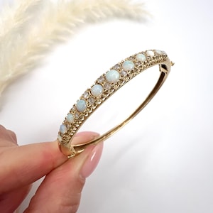 Vintage 14ct Yellow Gold Stamped, 1960s Graduated Opal & Diamond Bangle Bracelet