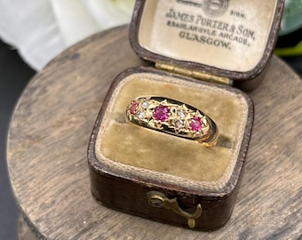 Antique 18ct Gold, Edwardian Ruby & Diamond Gypsy Band Ring, Hallmarked Birmingham 1902