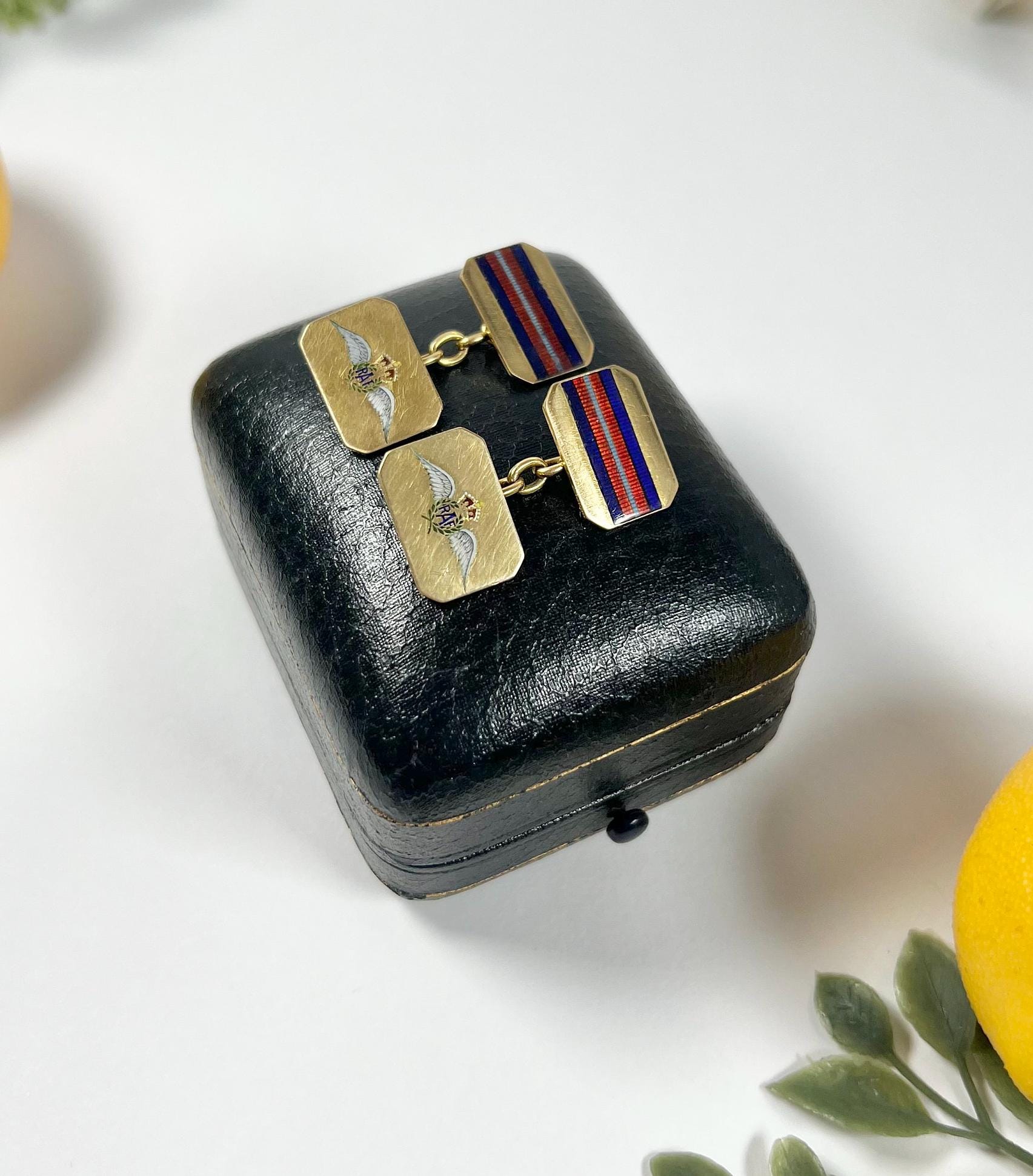 Boutons De Manchette Anciens Blason Royal Hawaïen - Or 14 Carats Et émail - Art Deco Années 1920 - Occasion Excellent état