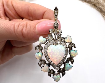 Antique 18ct Gold, Large Early Victorian Opal & Diamond Heart Pendant