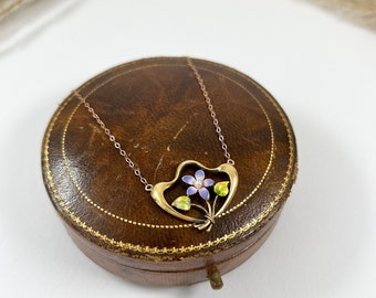 Antique 14ct Gold & Enamel, Art Nouveau Forget Me Not, Floral Pendant Necklace