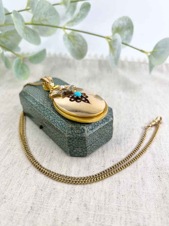 Antique 18ct Gold Large Victorian, Turquoise, Pea… - image 2