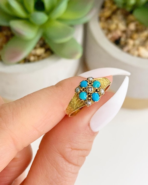 アコヤ真珠＆天然ターコイズ☆アンティークリング ターコイズ：アンティークトルコ石：リング2｜トルコオヤ・雑貨