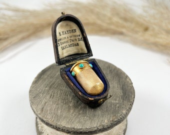 Antique 15ct Yellow Gold & Turquoise Victorian Gold Thimble with Original Antique Box