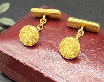 Antique 18ct Yellow Gold Cufflinks, Hand Engraved, Circa 1880