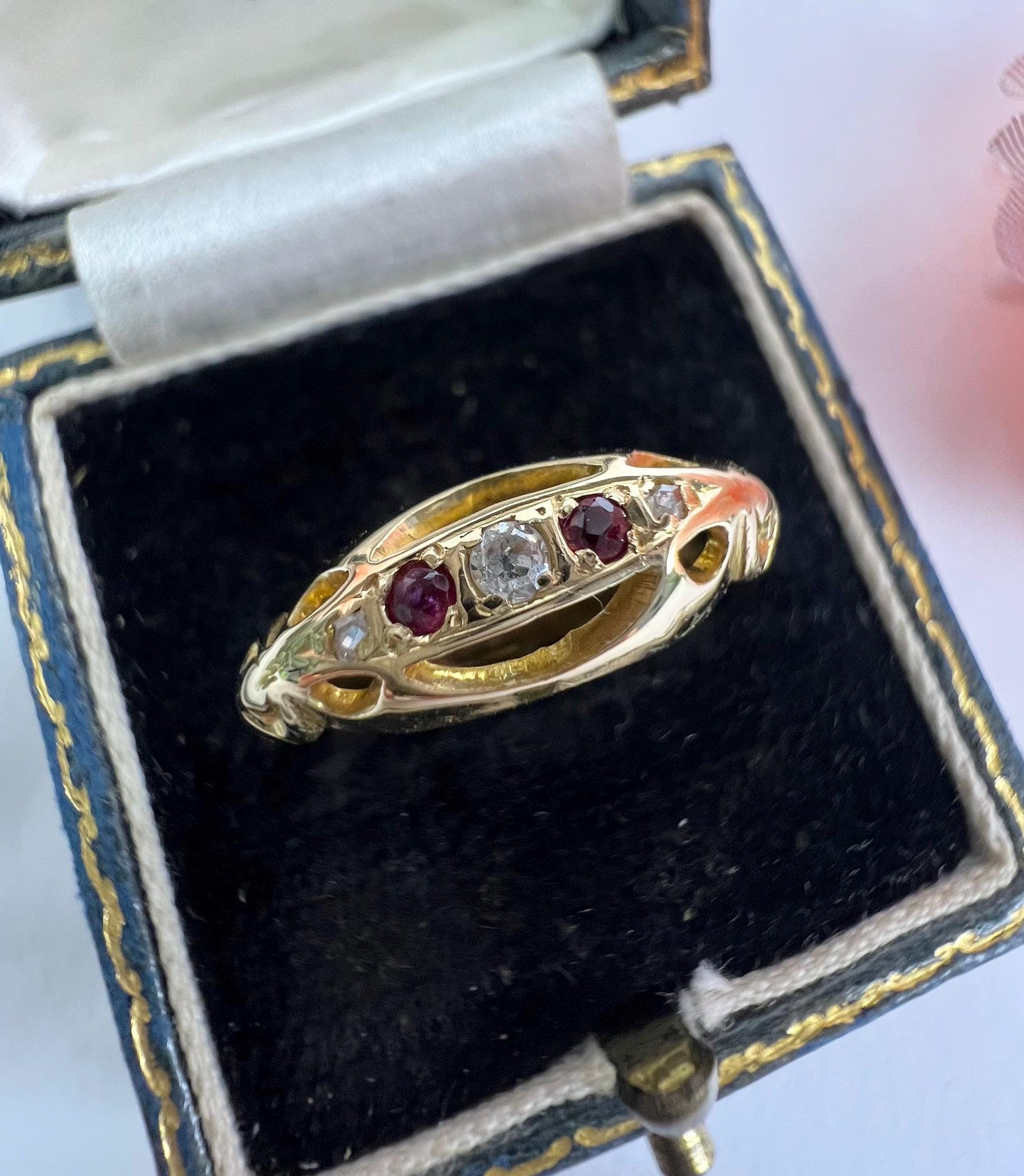 Antique 18ct Gold, Ruby & Diamond Boat Shaped Gypsy Ring, Hallmarked ...