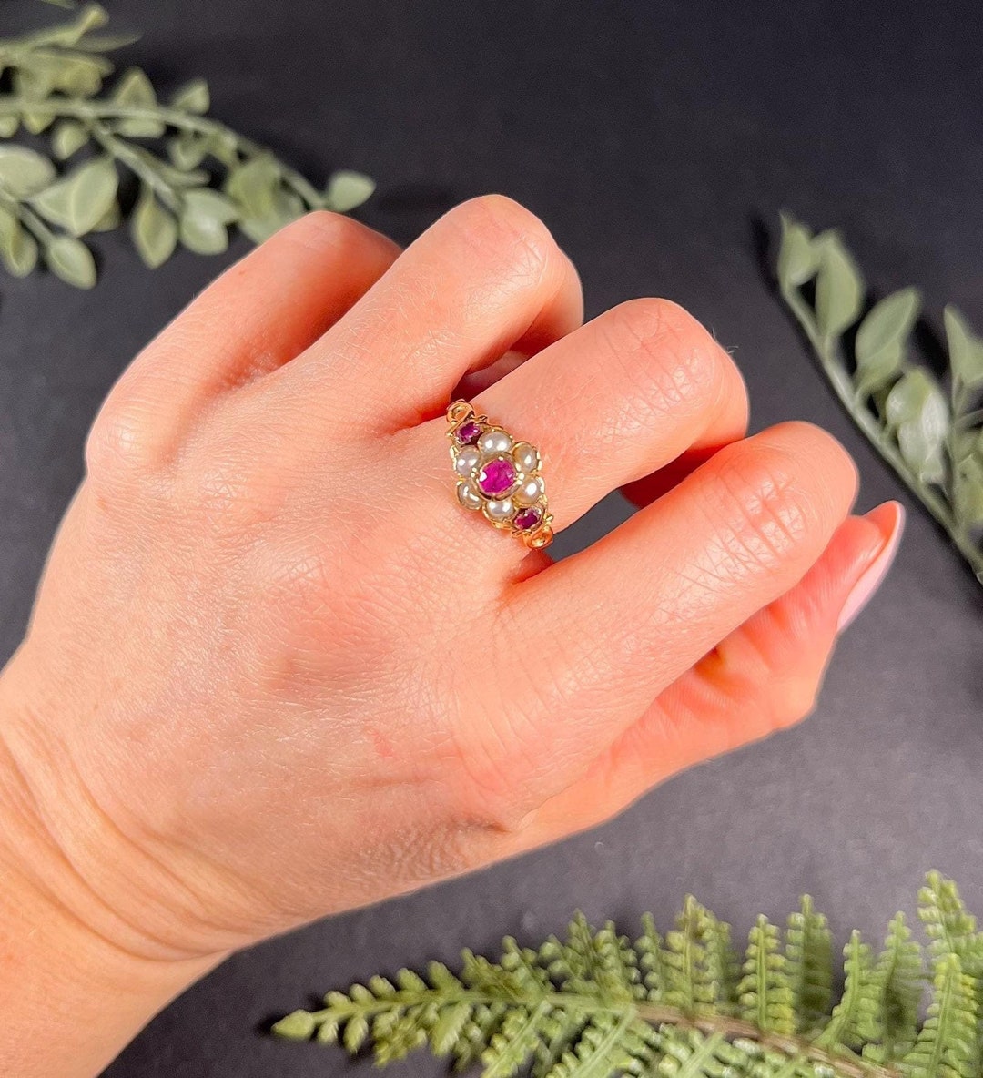Antique 15ct Gold, Victorian Ruby & Seed Pearl Daisy Cluster Ring