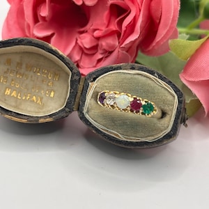Antique 15ct Gold Edwardian, Acrostic ADORE Ring: Amethyst, Diamond, Opal, Ruby, Emerald
