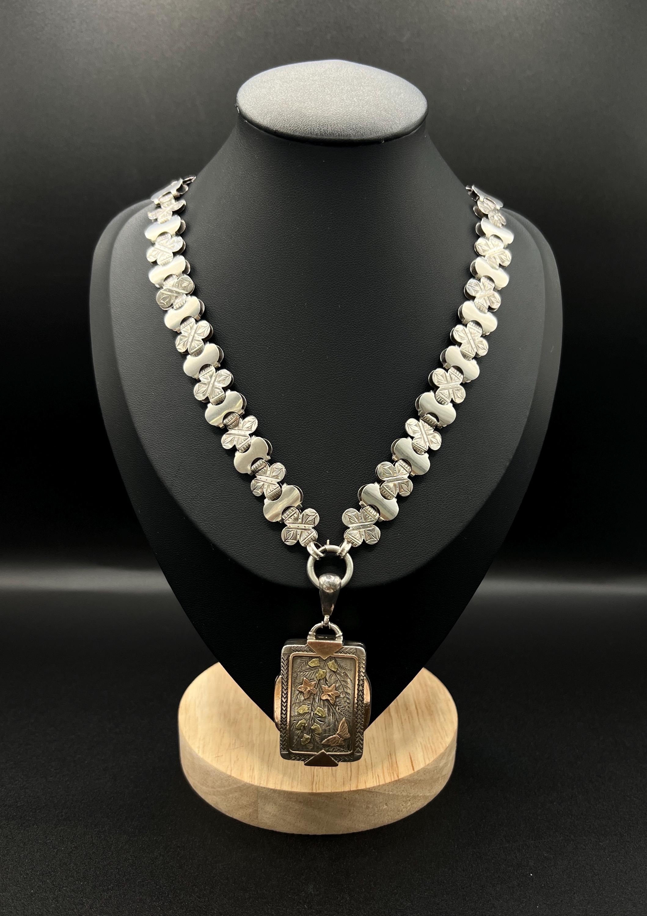 Antique Sterling Silver, Victorian Book Chain Necklace With Silver