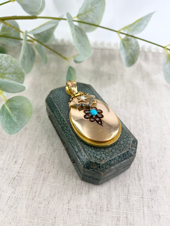 Antique 18ct Gold Large Victorian, Turquoise, Pea… - image 1