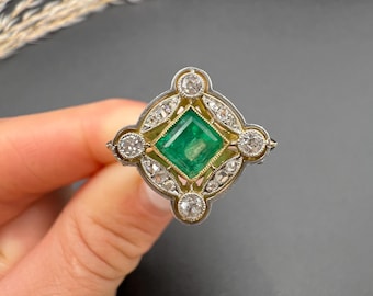 Antique 18ct Yellow Gold & Platinum, Edwardian era Emerald and Diamond Halo Ring