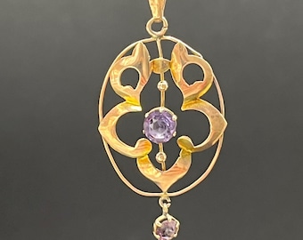Antique 9ct Gold, Edwardian Amethyst Drop Pendant Circa 1910