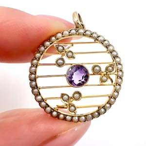 Antique 9ct Yellow Gold Stamped, Edwardian Amethyst & Seed Pearl Circular Pendant