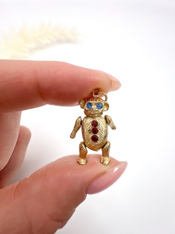 Vintage 9ct Yellow Gold Stamped, 1980s Articulated Bear Pendant with Blue Eyes & Red Buttons