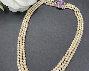 Antique 9ct Gold 16 1/2 Inch Cultured Pearl Necklace with Amethyst Clasp