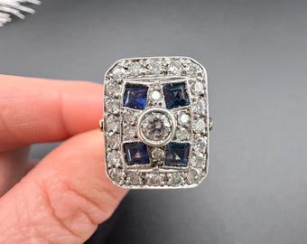 Antique Platinum, Edwardian Sapphire and Diamond Rectangular Shaped Ring