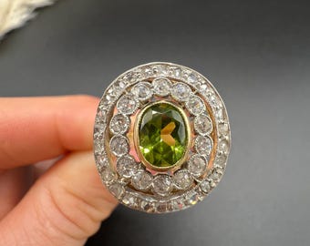 Antique 18ct Yellow Gold & Platinum, Edwardian Peridot and Diamond Halo Ring
