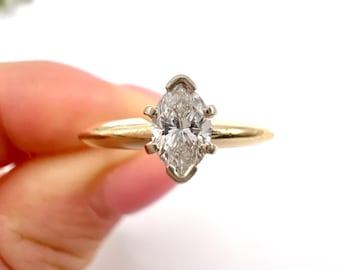 Vintage 14ct Yellow Gold, Marquise Cut Diamond Single Stone Engagement Ring