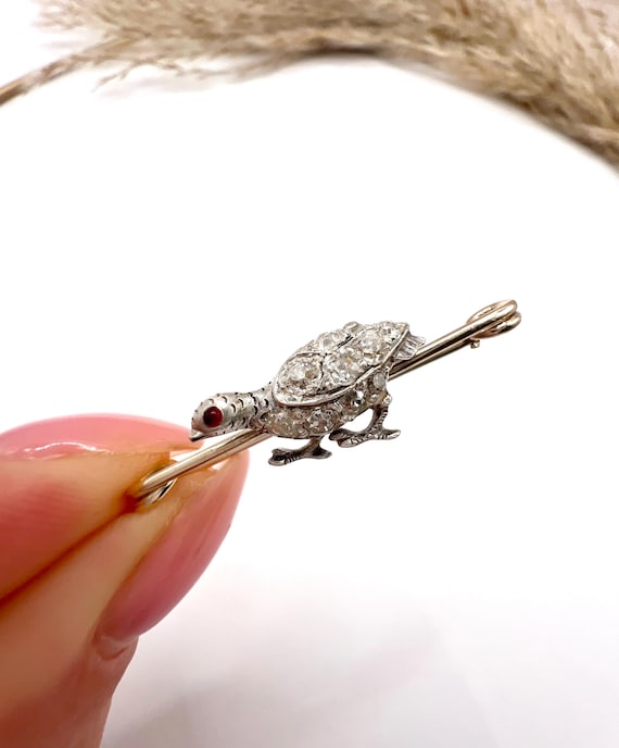 Antique 9ct Gold & Silver, Victorian Diamond Partridge Stock Pin Bird Brooch